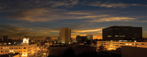 A view of downtown Santa Ana at dusk