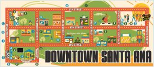 Map of downtown Santa Ana with various art-related stores