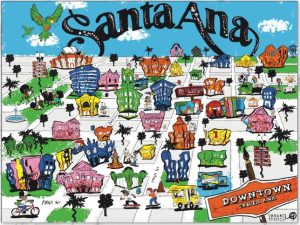 Map of Downtown Santa Ana with various landmarks and "Santa Ana" written in the sky in an old-english style font