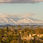 View of the snowy Santa Ana Mountain range from Santa Ana