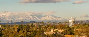 View of the snowy Santa Ana Mountain range from Santa Ana