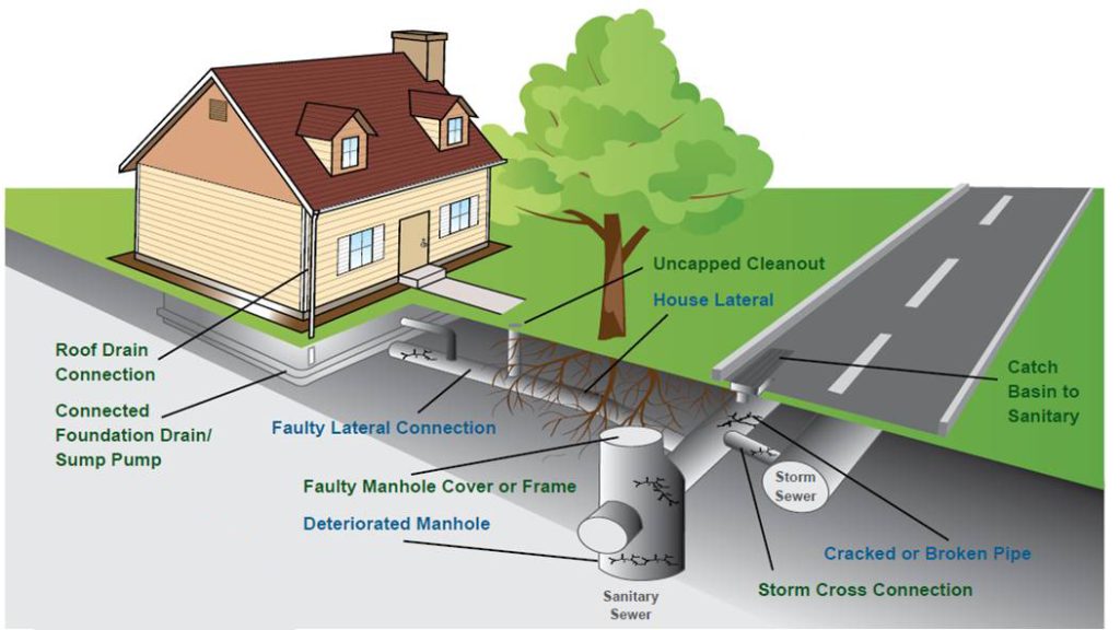 A graphic depicting sewer lines connected to a home