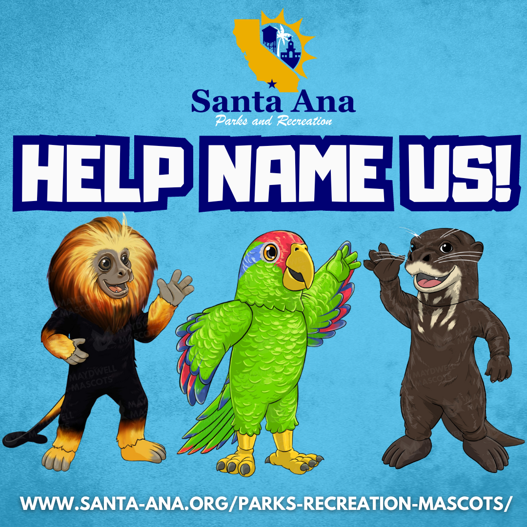 PRCSA logo, Title "Help Name Us!", image of new mascots, www.santa-ana.org/parks-recreation-mascots/