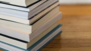 stack of books on table