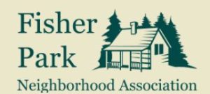 Cabin, trees, and the words "Fisher Park Neighborhood Association"
