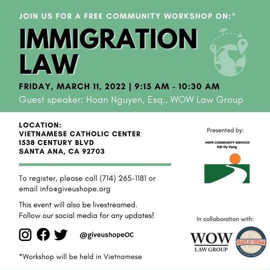 Hope Community Services Immigration Workshop Flier with WOW Law Group