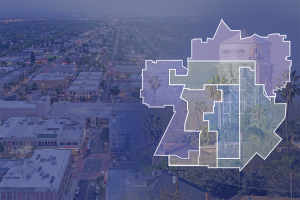 Aerial view of Downtown Santa Ana with mock ward boundaries overlay