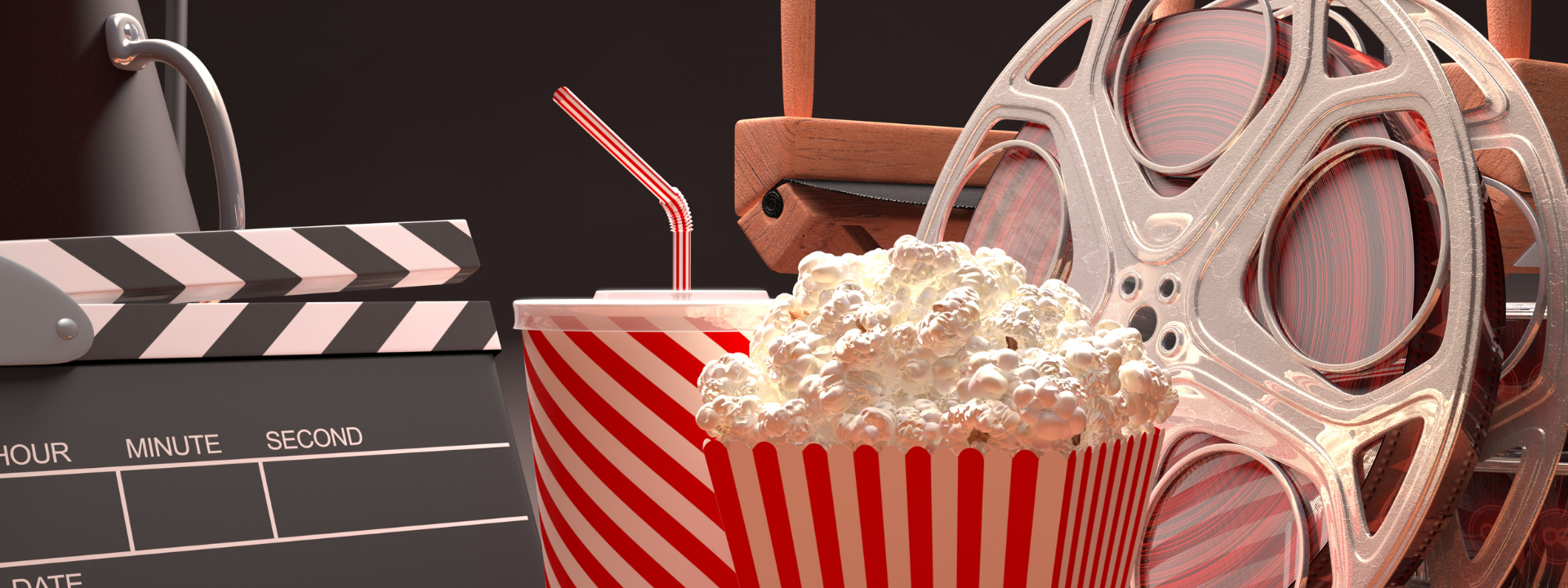 Popcorn, drink, movie slate, film reel