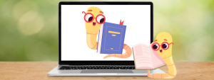 toon worms holding books next to a laptop
