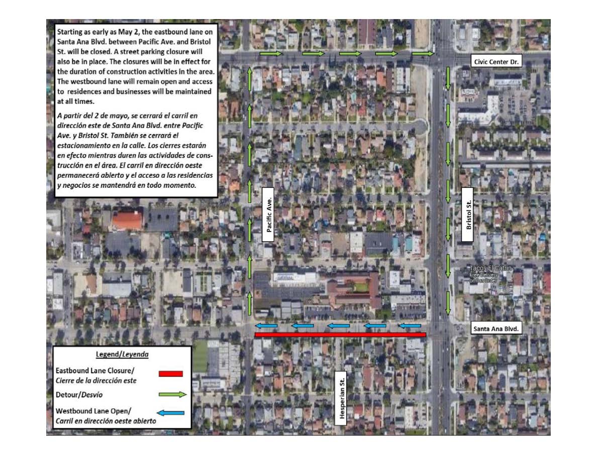 Santa Ana Boulevard Eastbound lanes closed at Bristol Street May