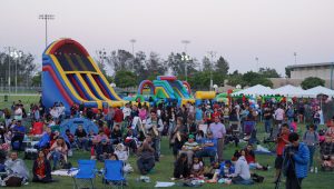 A crowd of people sit on grass at event