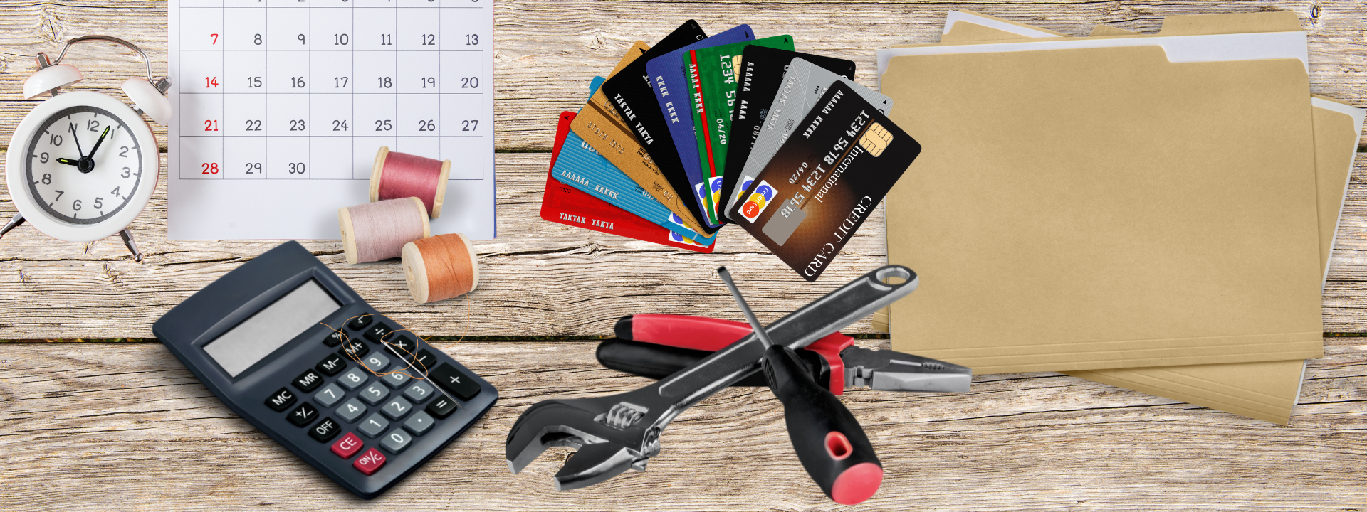 calculator credit cards and tools on desk