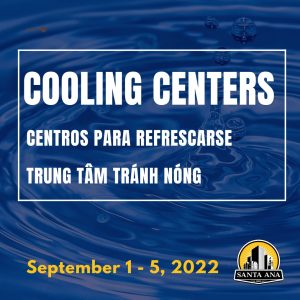 Image with text "cooling centers September 1-5, 2022" in English, Spanish, and Vietnamese