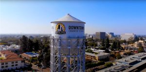 Santa Ana Water Tower with surrounding cityscape in the daylight