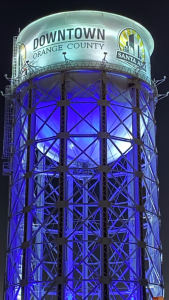 Water Tower lit in blue