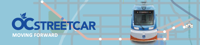 OC Streetcar logo with image of a train over a map of Santa Ana.