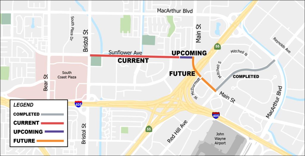 map showing construction activity along Sunflower Avenue in Santa Ana