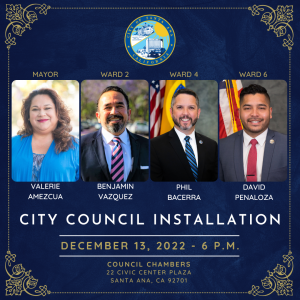 Four headshot photos of a woman wearing a blue blouse and three men in suits and ties with the City seal and information about the City Council installation.