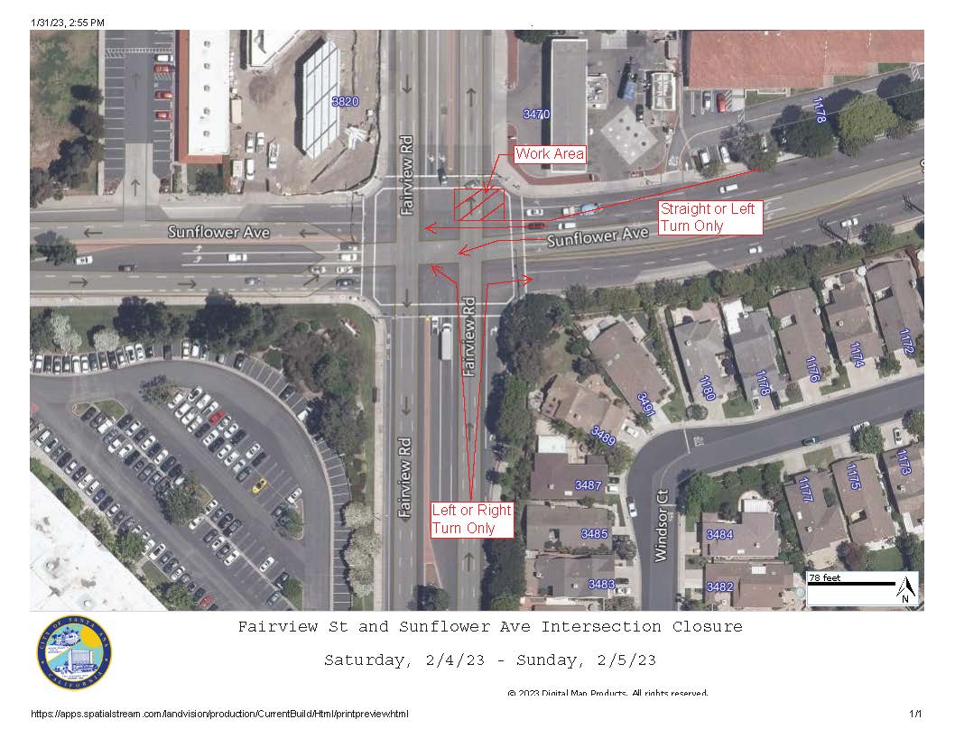 Map of intersection closure at Fairview and Sunflower
