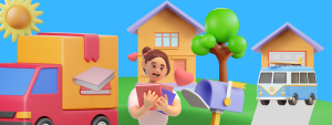 cartoon female receiving books from mailbox behind house next to delivery truck