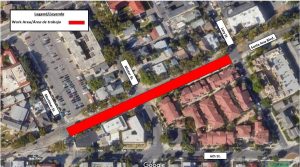 Map of Santa Ana streets highlighting street closure on Santa Ana Boulevard between Mortimer and Lacy streets.