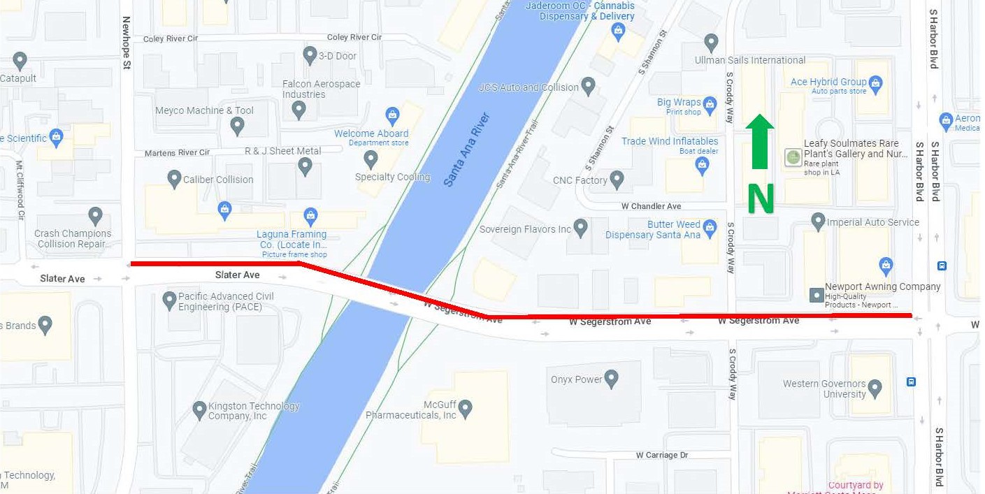 map of westbound lane closure on Segerstrom