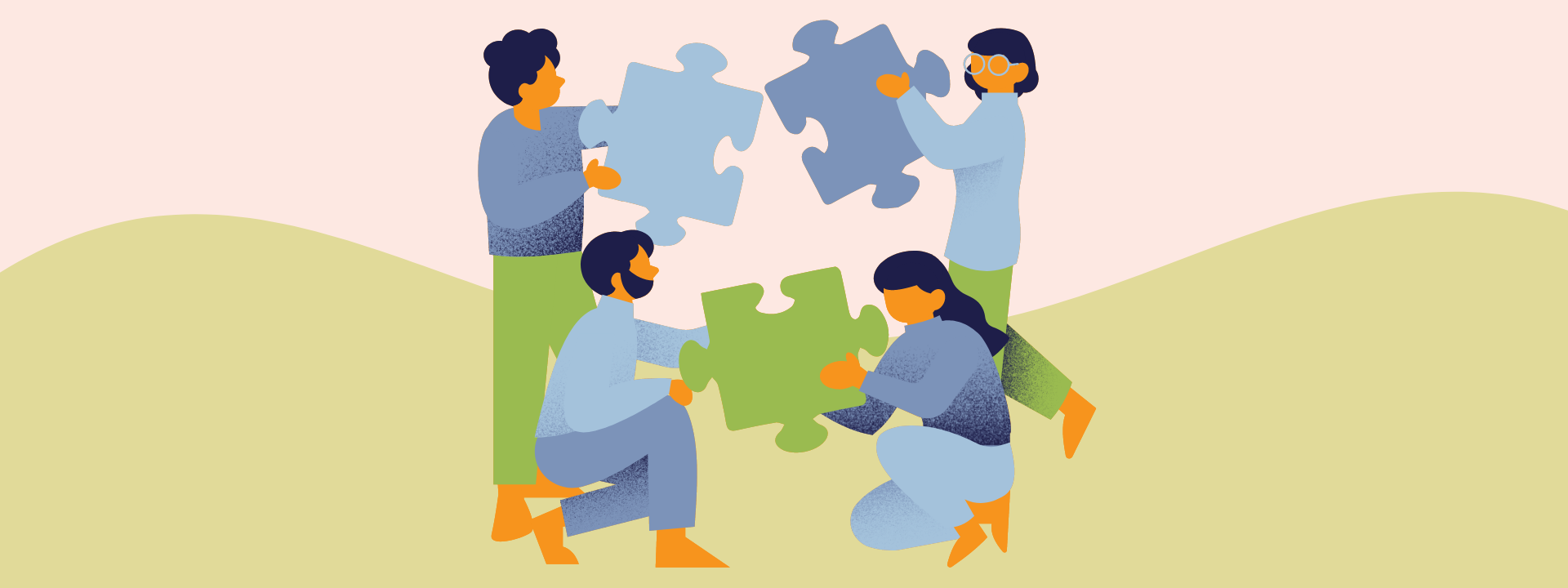 four cartoon people holding up large jigsaw pieces