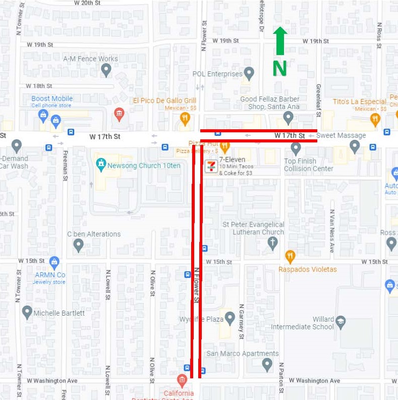 map of lane reductions on 17th and Flower Streets