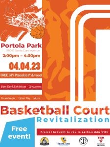 Event flyer and details for 4.4.23 Portola Park basketball court revitalization