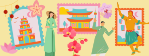 Cartoon Asian men and woman in traditional clothing next to famous areas