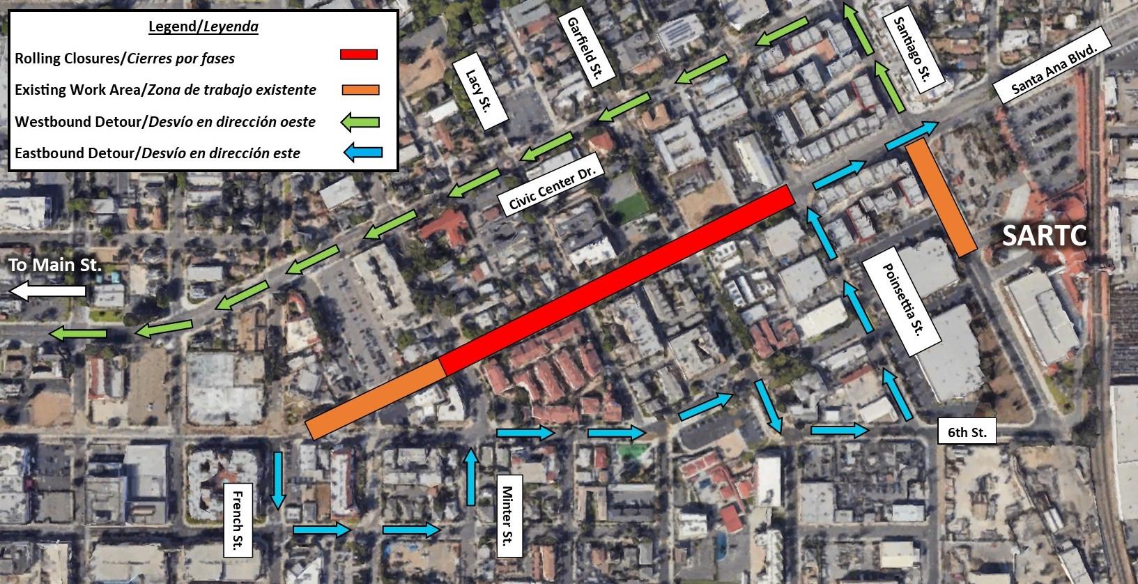 Map of rolling closures on Santa Ana Blvd.