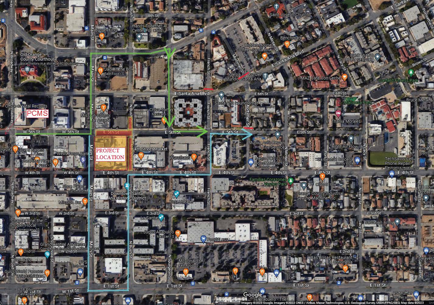 Map of closures on 5th Street and Bush Street