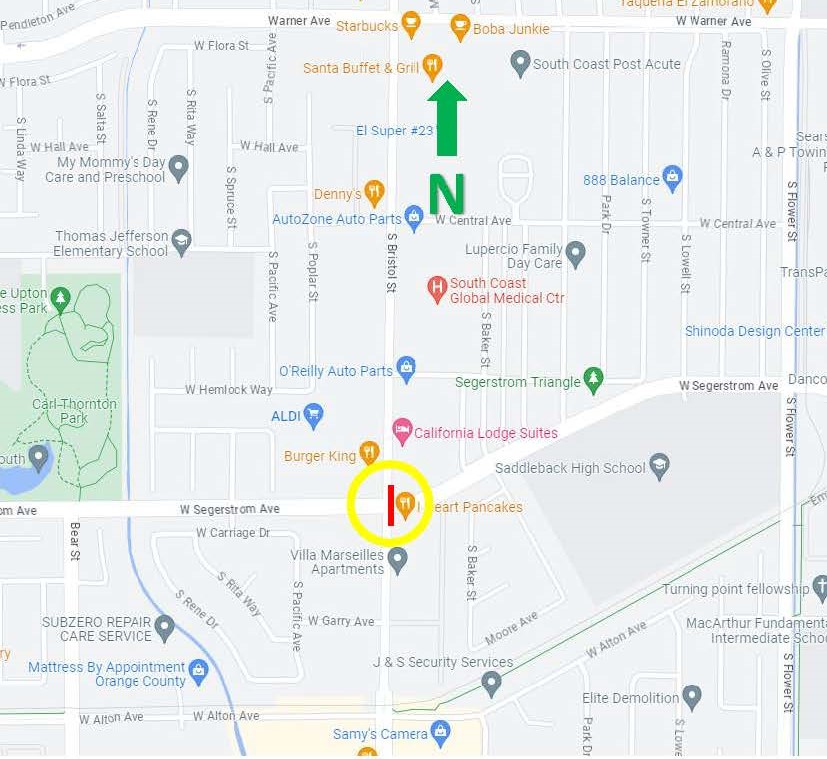 map of lane reductions on NB Bristol St.