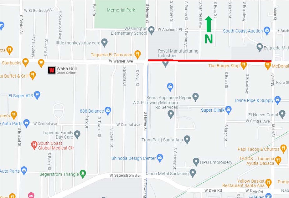 Map of lane reductions on WB Warner Ave.