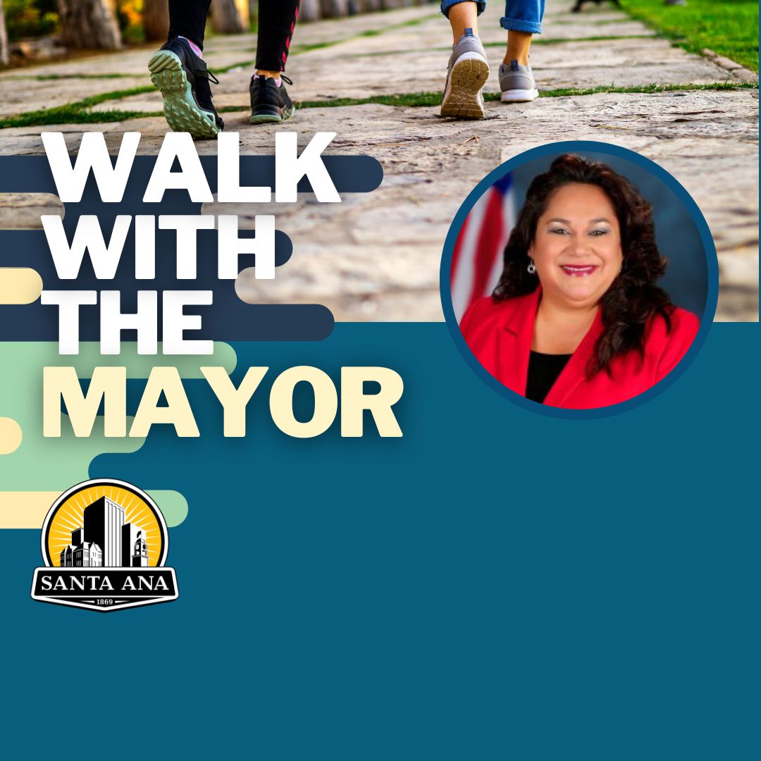 Design with text "Walk with the Mayor" and Mayor Amezcua's headshot