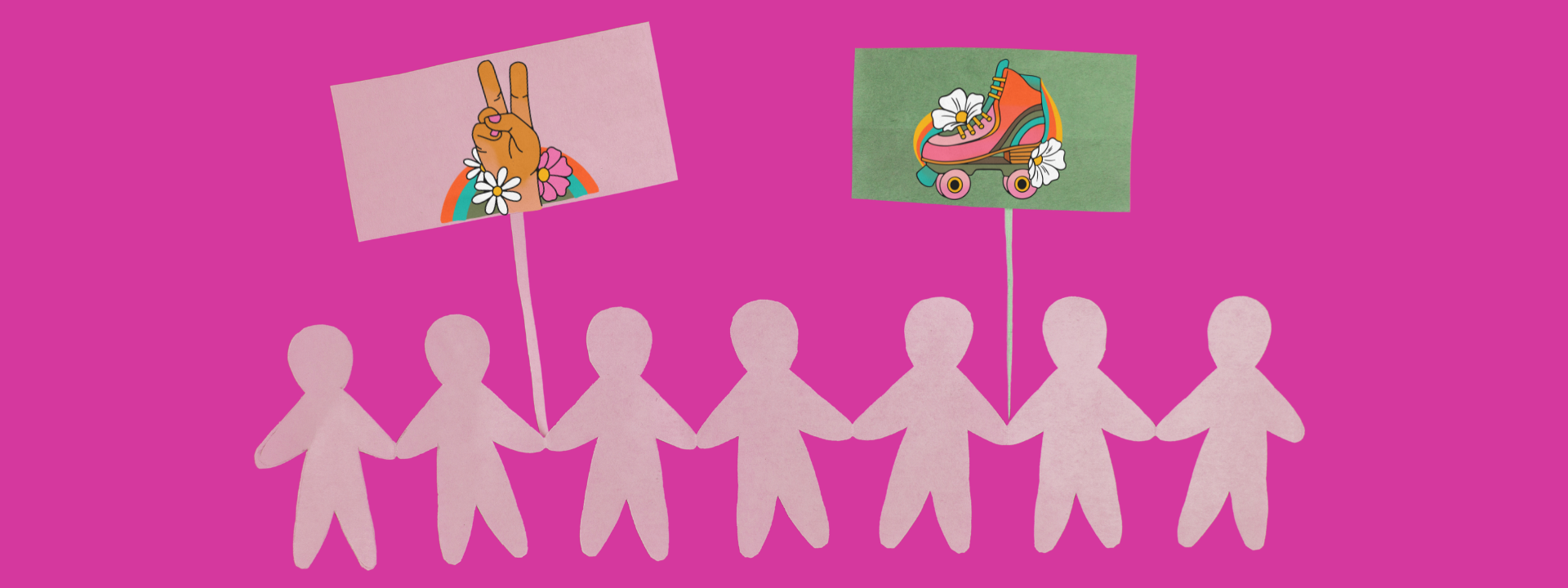 cut of people on pink background with peace hand and rollerblades