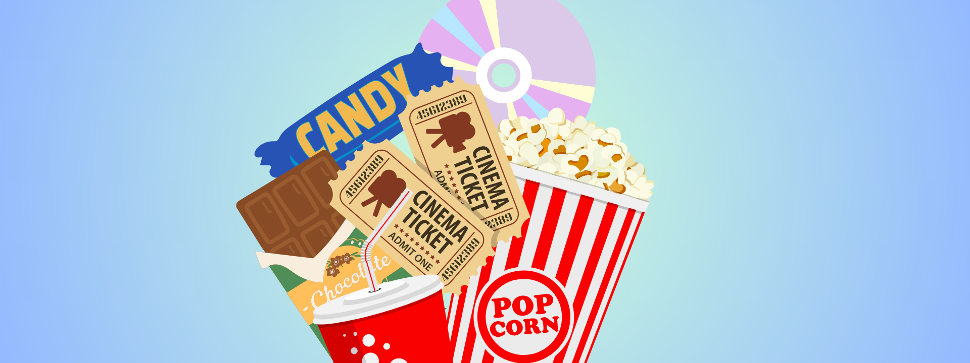 cartoon candy bars, tickets, soda, popcorn and dvd