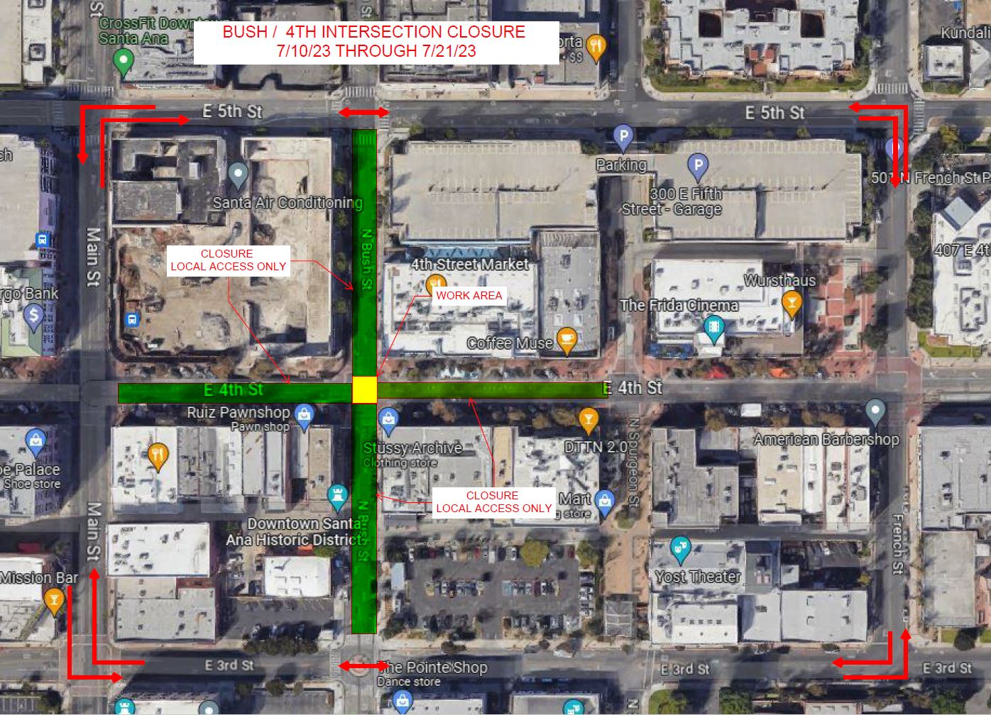 map of Bush St. and 4th St. Intersection closure