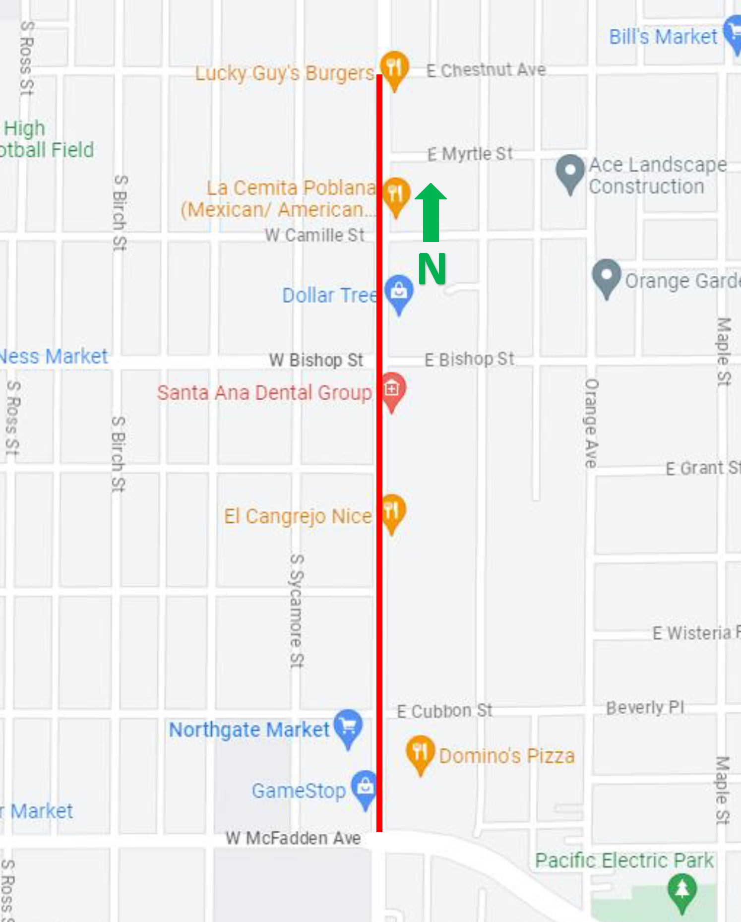Map of lane reductions on Main St. between Chestnut and McFadden Ave.