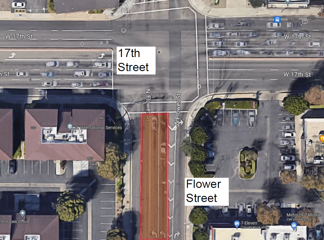 map illustrating lane reductions on Flower Street from 17th Street to 15th Street