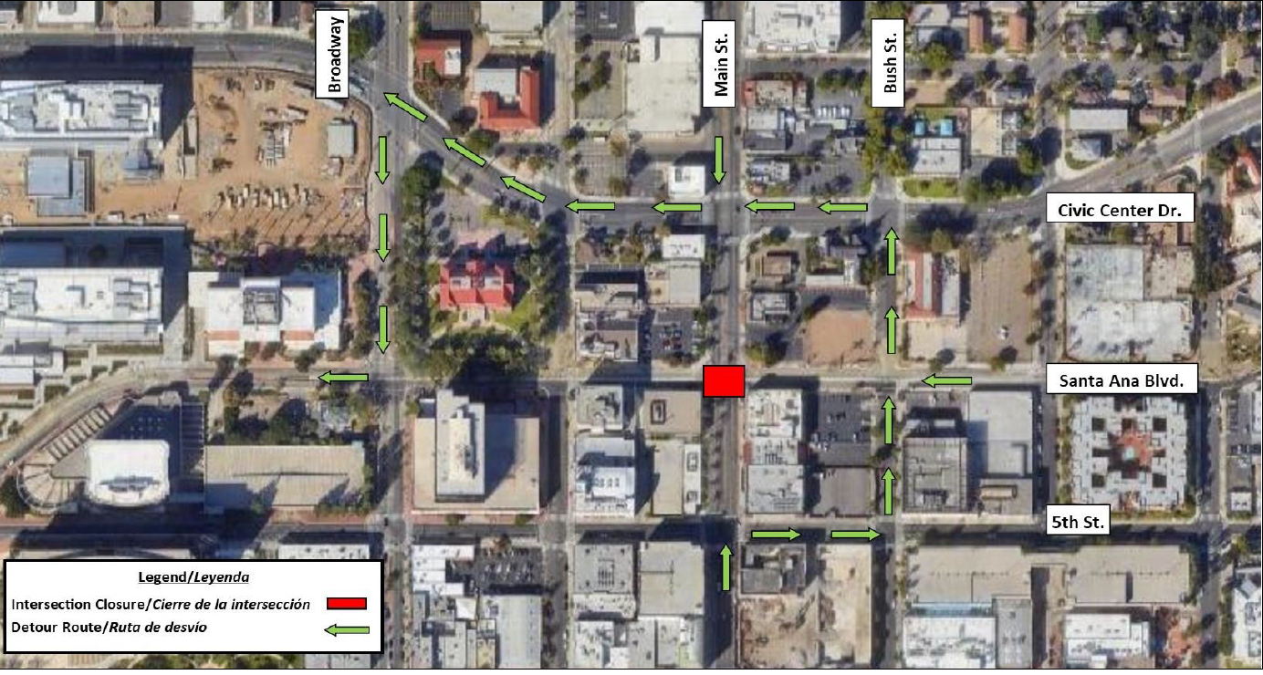map of intersection closure at Main St. and Santa Ana Blvd.