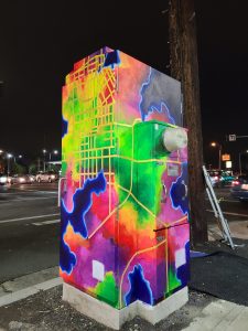 utility box with the art of the street map view of Santa Ana in a colorful mix