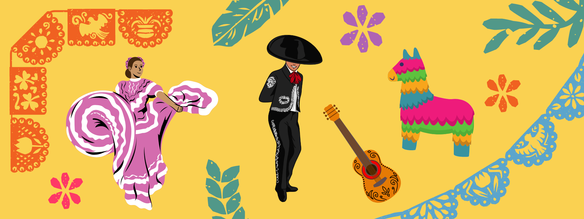 Cartoon women in mexican dress, marachi, guitar, and donkey pinata