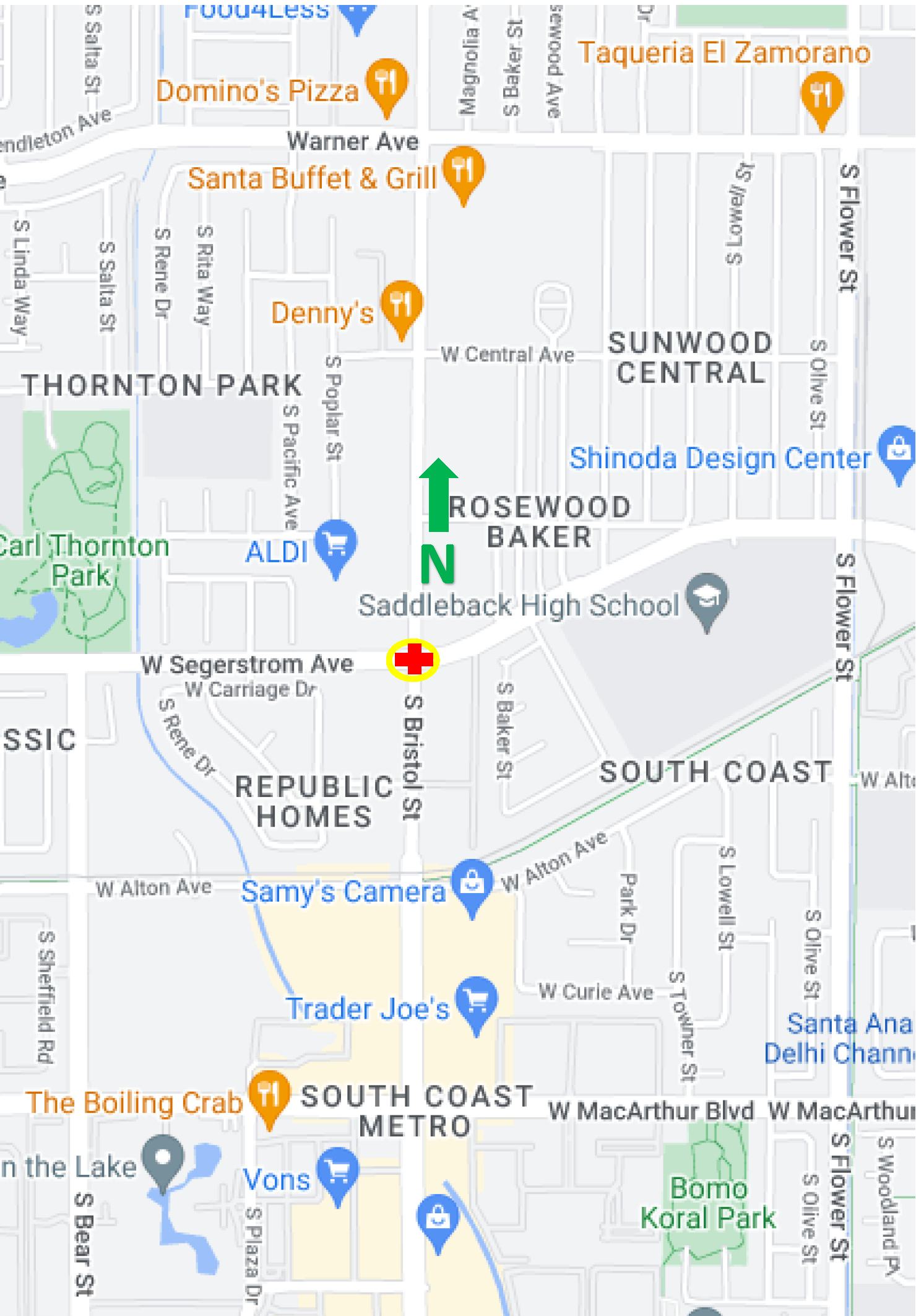 map of lane reductions at intersection of Bristol St. and Segerstrom Ave.