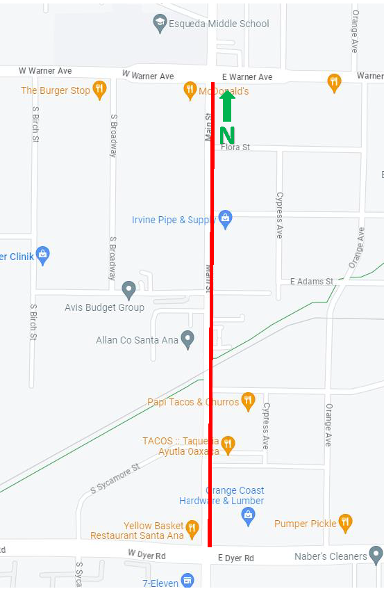 Lane Reductions on Main Street between Warner Ave. and Dyer Rd., Aug. 13-15