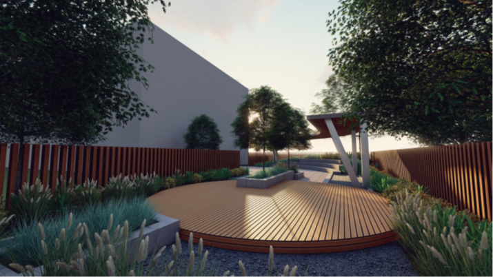 Conceptual rendering of the new east patio at the Santa Ana Public Library 3