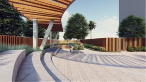 Conceptual rendering of the new east patio at the Santa Ana Public Library 1