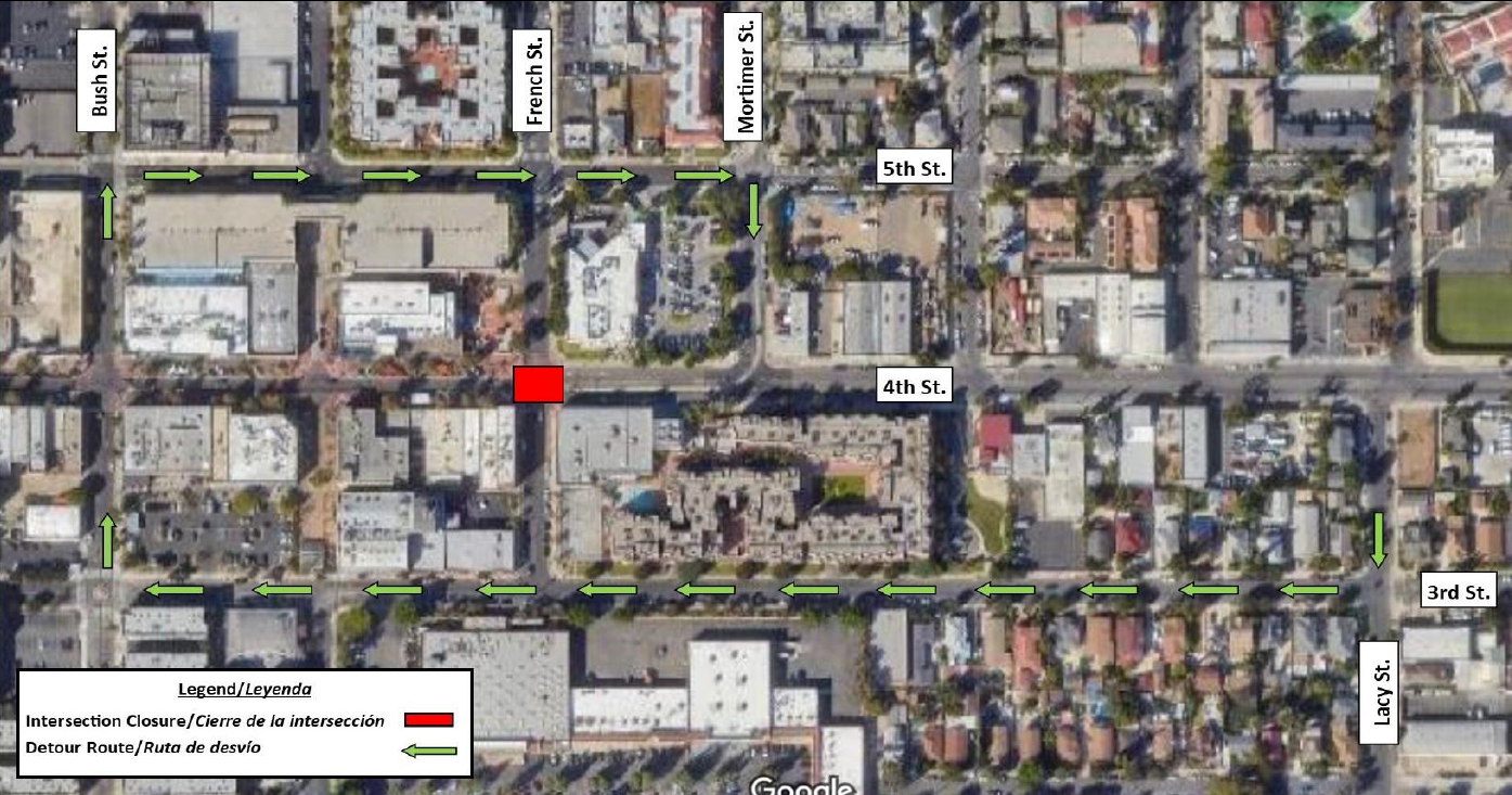 map illustrating intersection closure at 4th St. and French St.