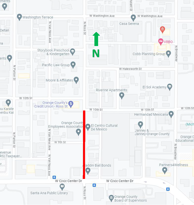 map of full closure on Ross St. between Civic Center Dr. and 10th St.