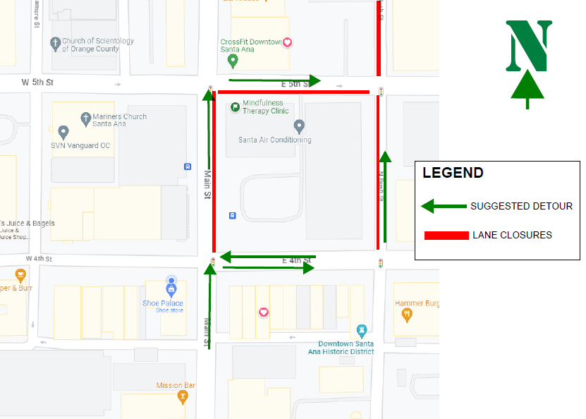 map of lane reductions on Main St. and Bush St. between 4th and 5th Streets